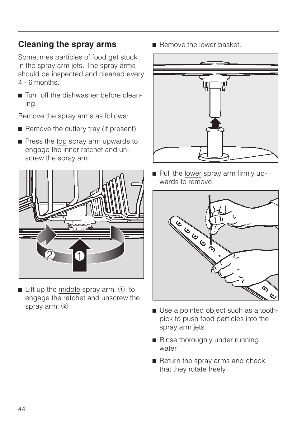 Cleaning the spray arms 44, Cleaning the spray arms | Miele NOVOTRONIC G 841 SC PLUS User Manual | Page 44 / 48