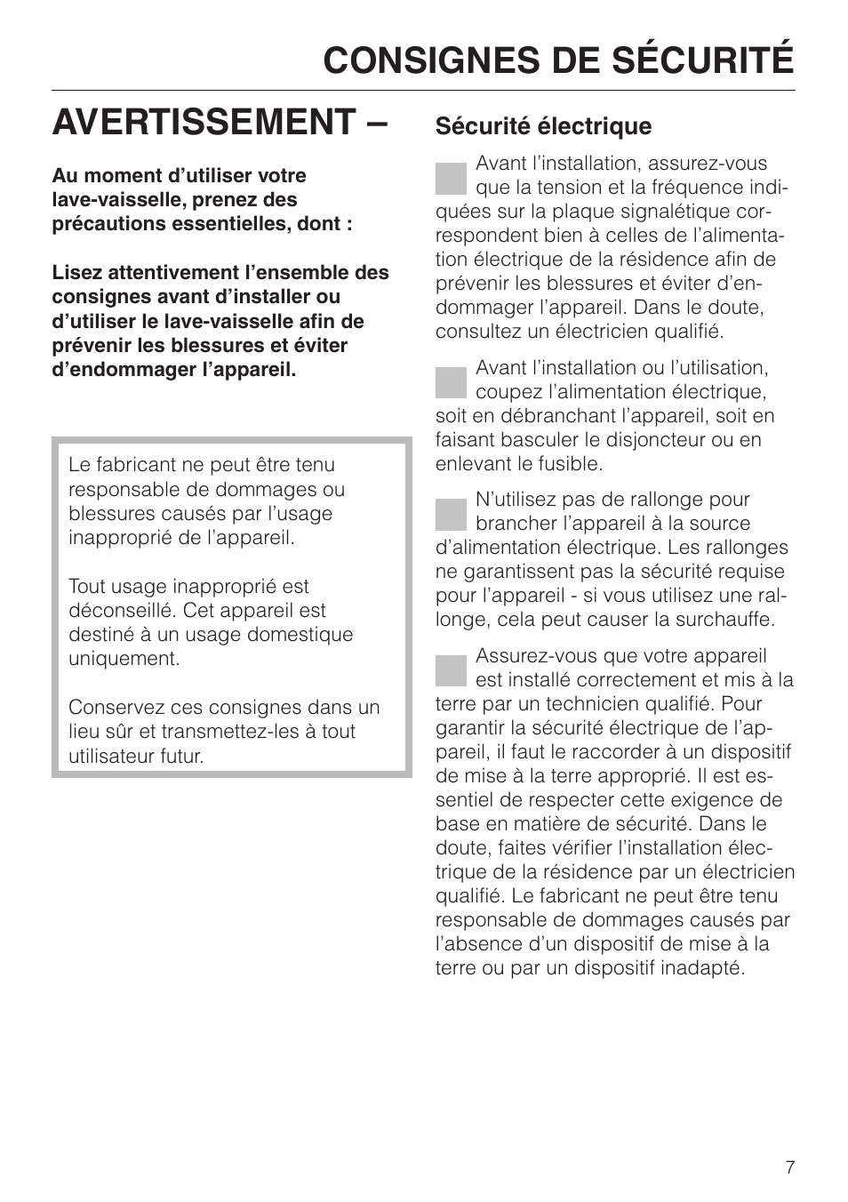 Consignes de sécurité 7, Consignes de sécurité, Avertissement | Miele NOVOTRONIC G 841 SC PLUS User Manual | Page 7 / 48