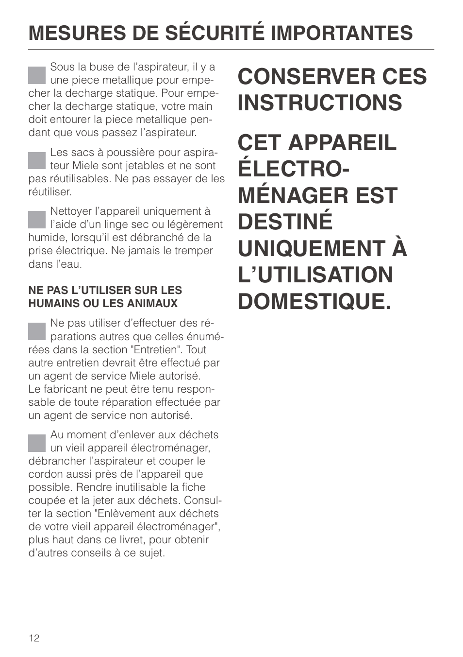 Mesures de sécurité importantes | Miele S 600 - S 648 User Manual | Page 12 / 48