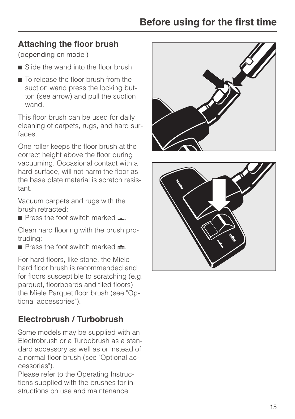 Before using for the first time, Attaching the floor brush, Electrobrush / turbobrush | Miele S 600 - S 648 User Manual | Page 15 / 48