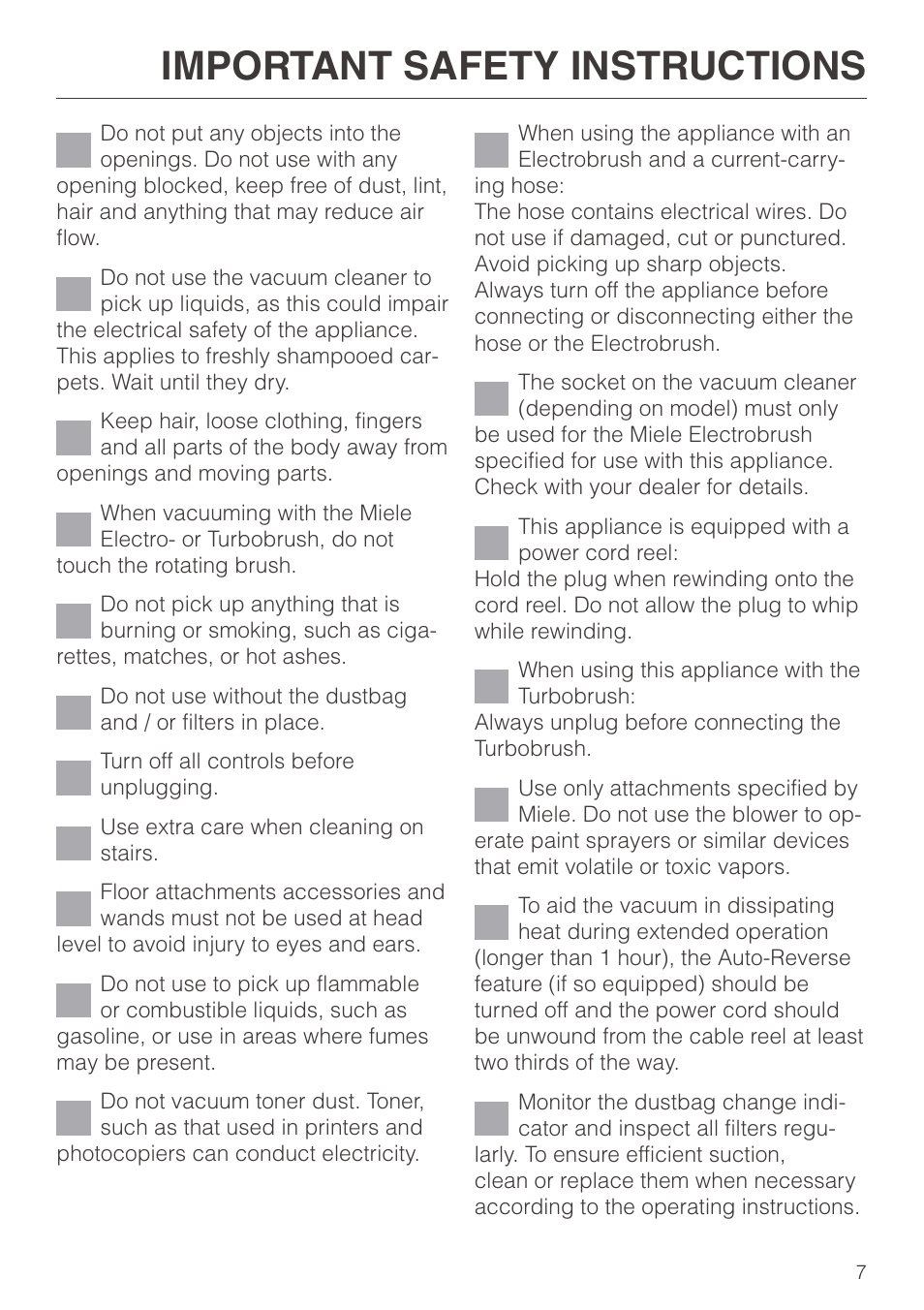 Important safety instructions | Miele S 600 - S 648 User Manual | Page 7 / 48