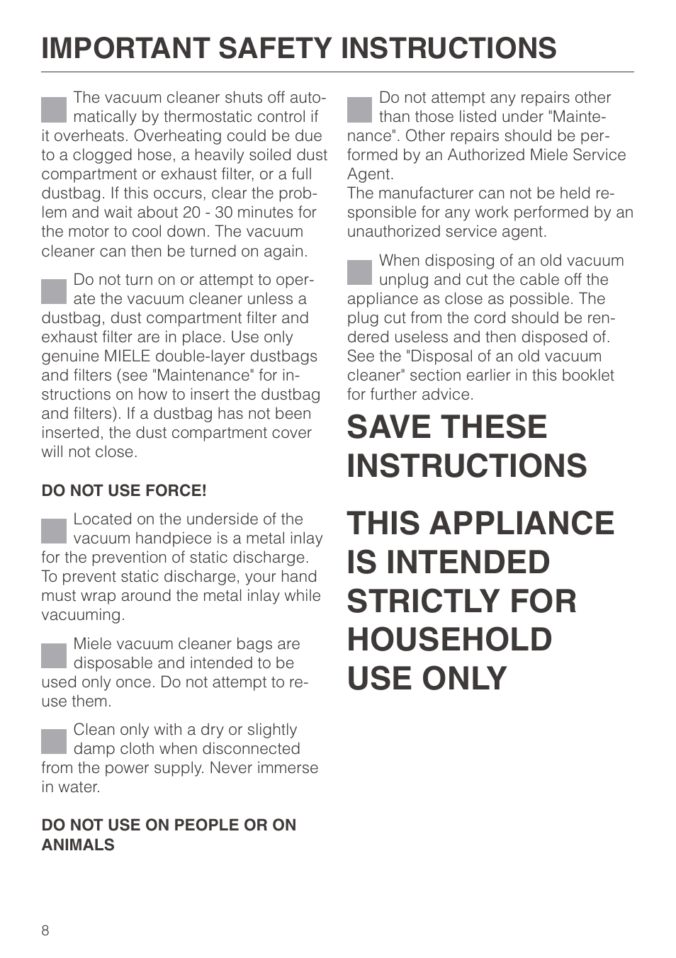 Important safety instructions | Miele S 600 - S 648 User Manual | Page 8 / 48