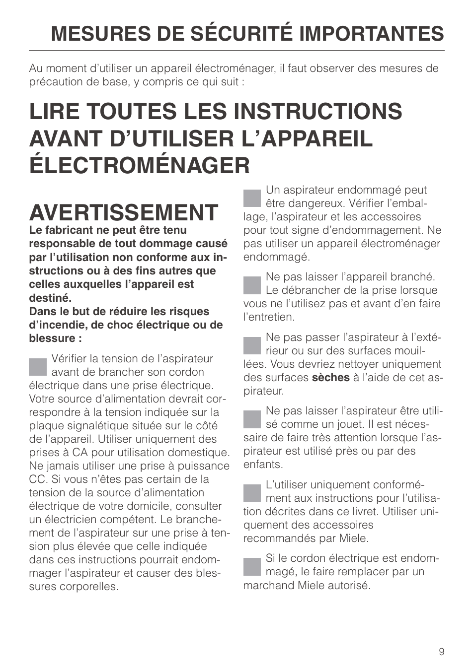 Mesures de sécurité importantes 9, Mesures de sécurité importantes | Miele S 600 - S 648 User Manual | Page 9 / 48