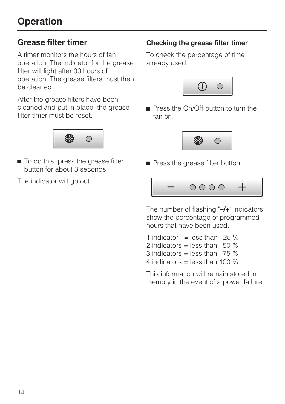 Grease filter timer 14, Operation, Grease filter timer | Miele DA259-4 User Manual | Page 14 / 36
