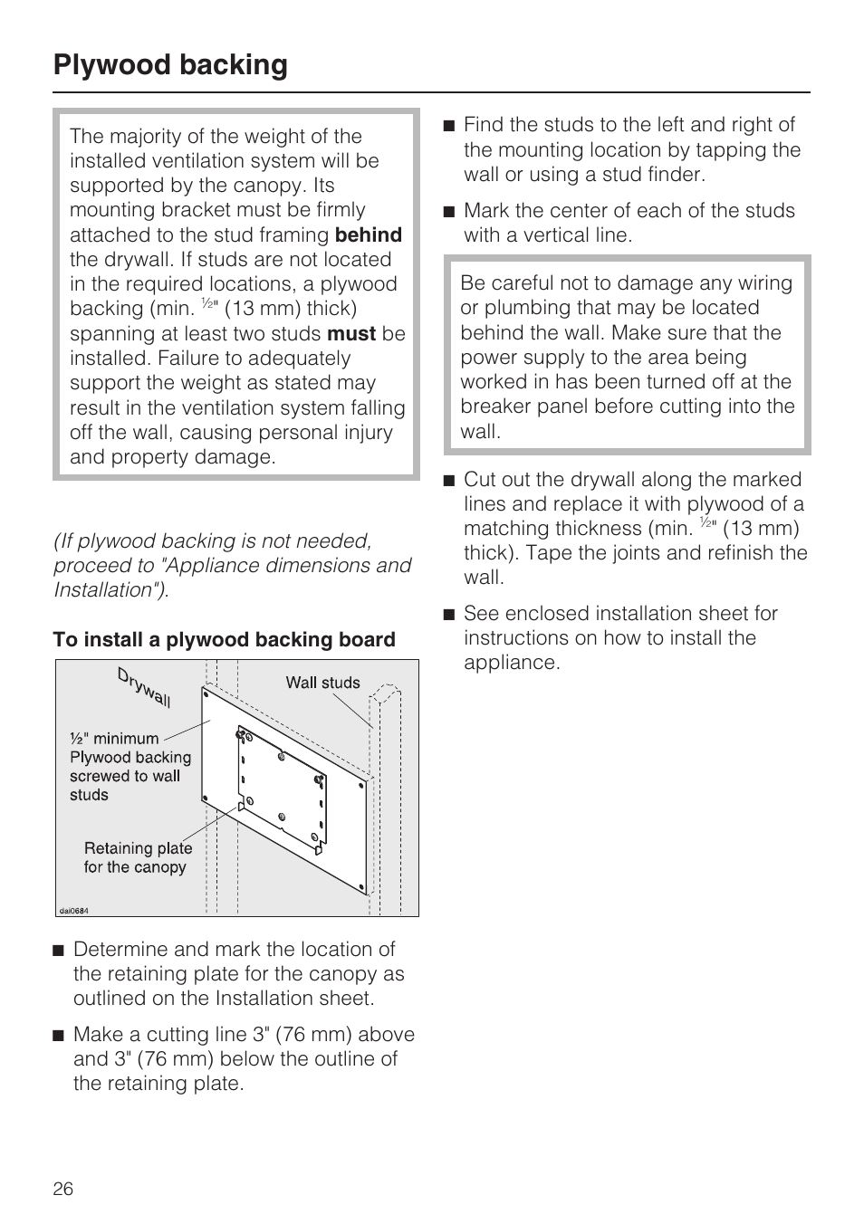 Plywood backing 26, Plywood backing | Miele DA259-4 User Manual | Page 26 / 36