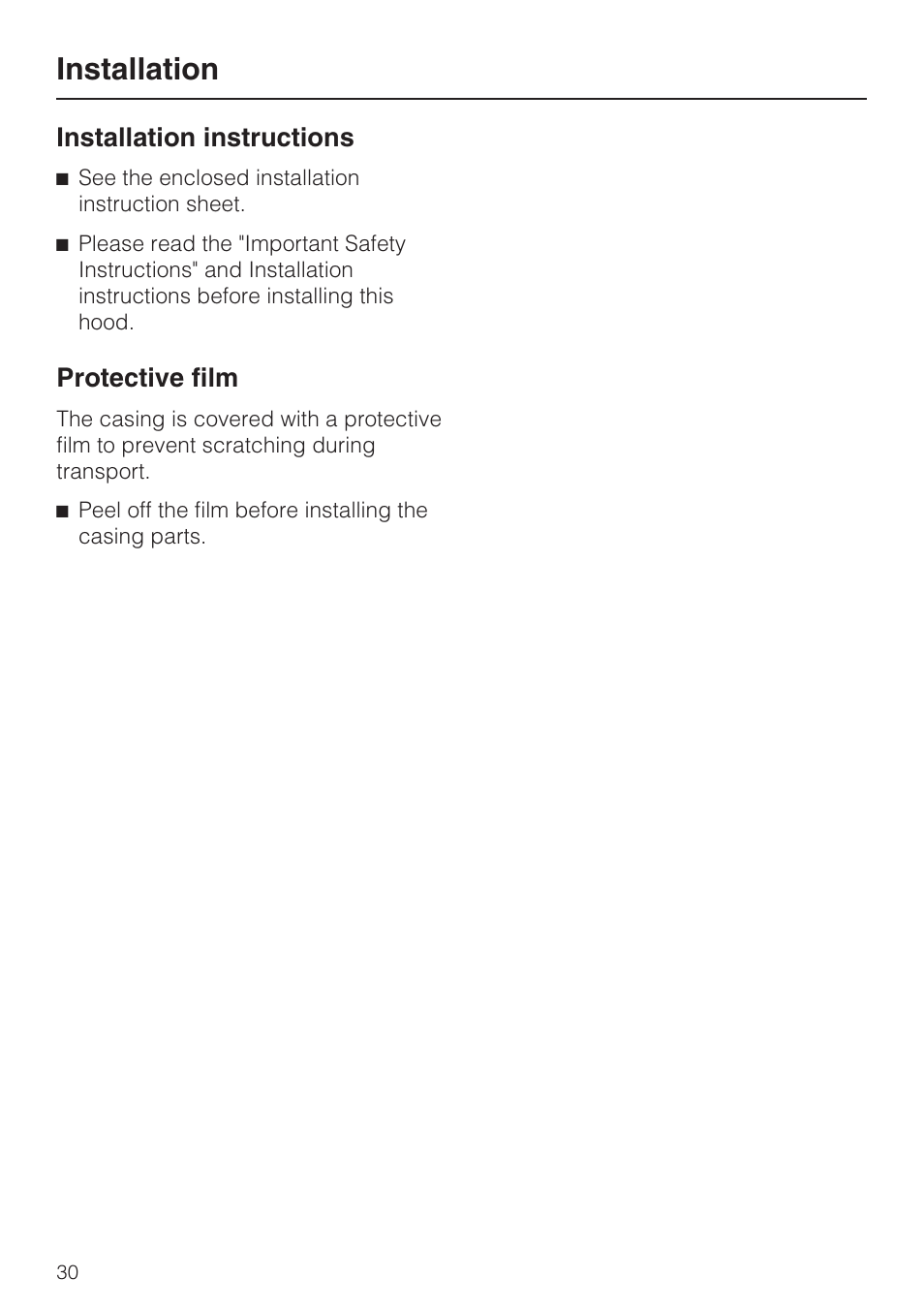 Installation 30, Installation instructions 30, Installation | Installation instructions, Protective film | Miele DA259-4 User Manual | Page 30 / 36
