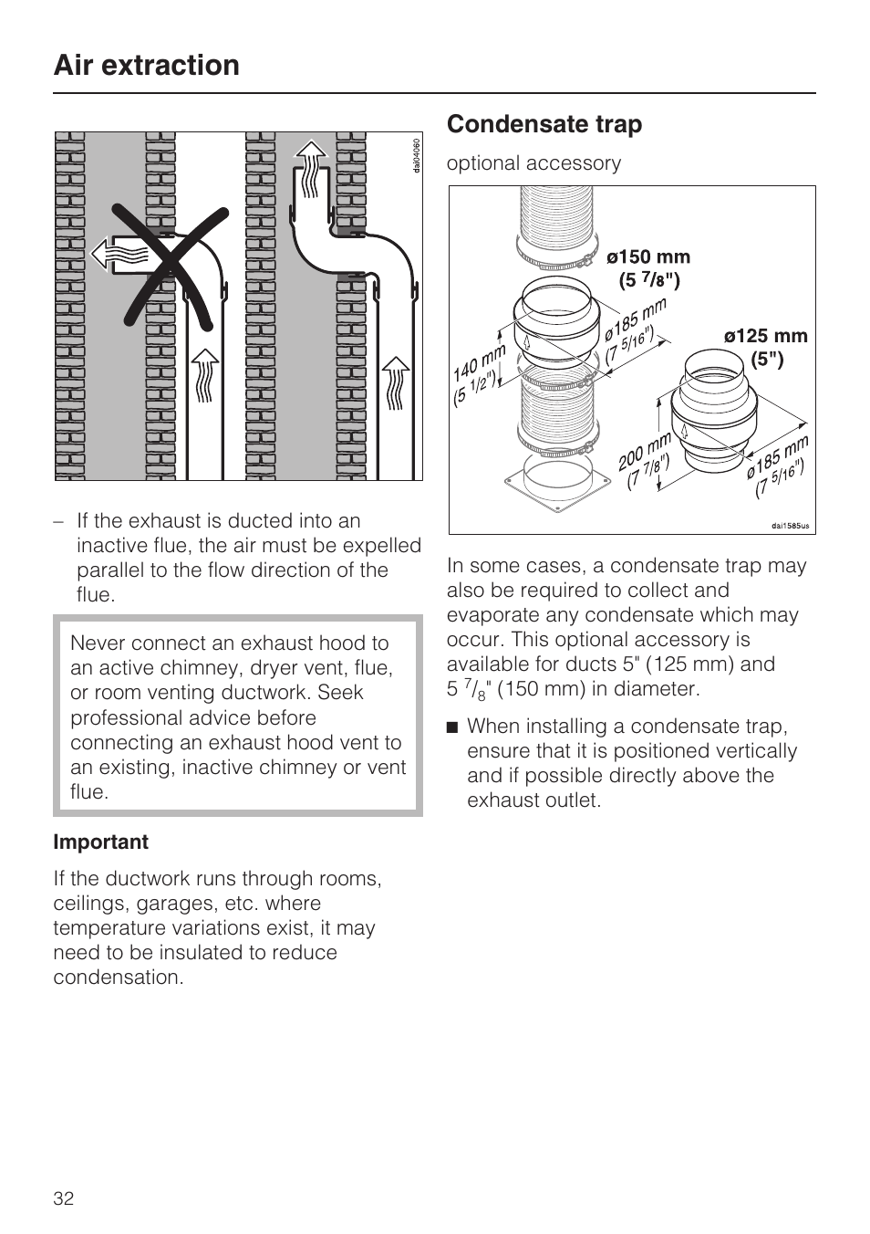 Air extraction, Condensate trap | Miele DA259-4 User Manual | Page 32 / 36