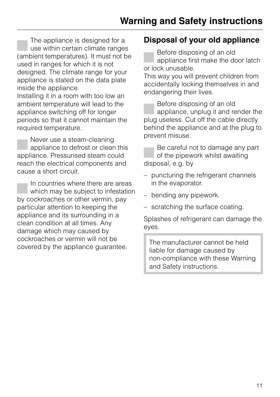 Warning and safety instructions, Disposal of your old appliance | Miele KF 7540 SN User Manual | Page 11 / 48