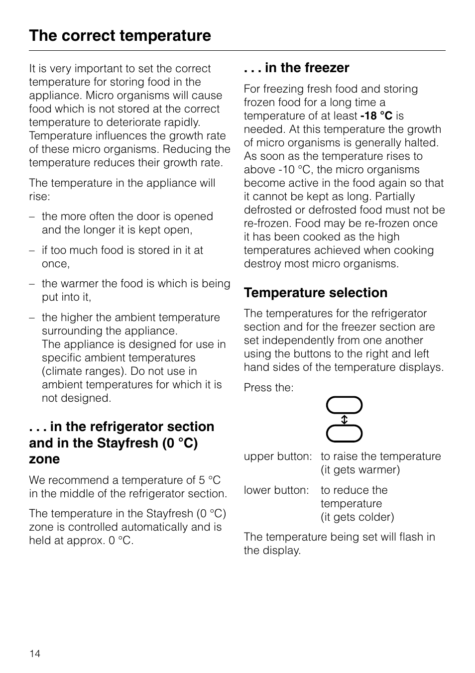 The correct temperature 14, In the freezer 14, Temperature selection 14 | The correct temperature, Temperature selection | Miele KF 7540 SN User Manual | Page 14 / 48