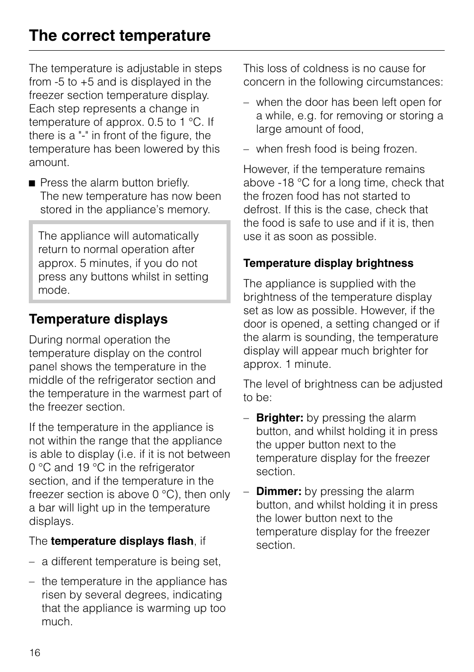 Temperature displays 16, Temperature display brightness 16, Temperature displays | Temperature display brightness, The correct temperature | Miele KF 7540 SN User Manual | Page 16 / 48
