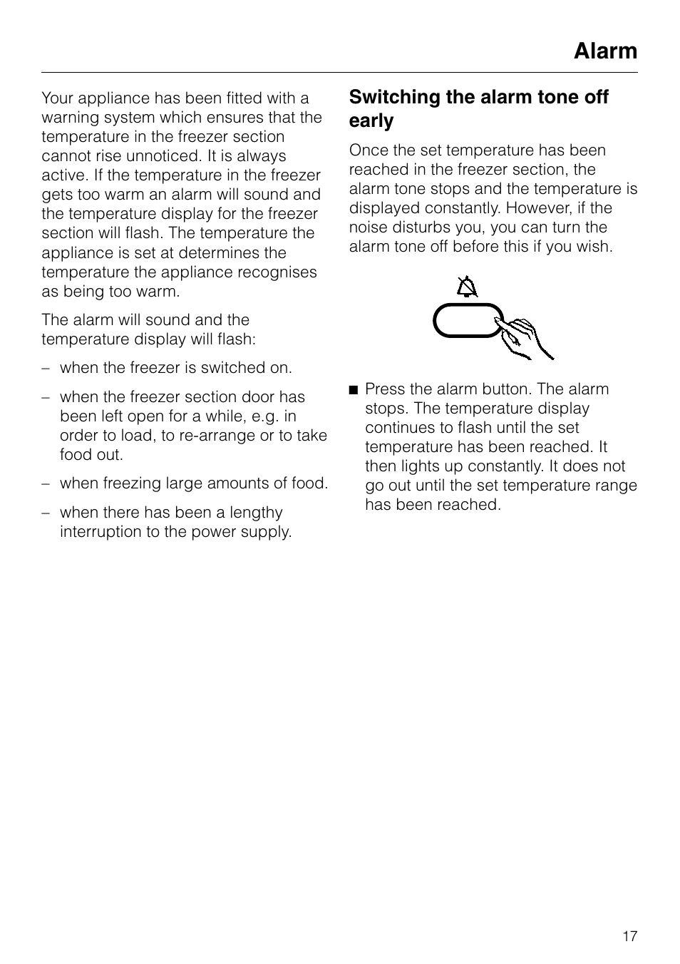 Alarm 17, Switching the alarm tone off early 17, Alarm switching the alarm tone off early | Alarm, Switching the alarm tone off early | Miele KF 7540 SN User Manual | Page 17 / 48