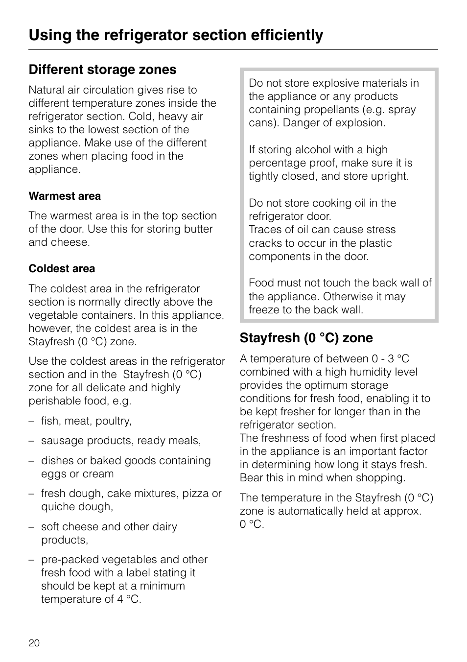 Using the refrigerator section efficiently 20, Different storage zones 20, Warmest area 20 | Coldest area 20, Stayfresh (0 °c) zone 20, Warmest area coldest area, Stayfresh (0 °c) zone, Different storage zones | Miele KF 7540 SN User Manual | Page 20 / 48