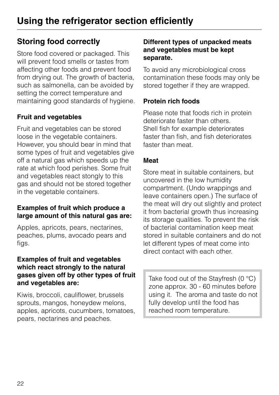 Storing food correctly 22, Fruit and vegetables 22, Protein rich foods 22 | Meat 22, Storing food correctly, Fruit and vegetables protein rich foods meat | Miele KF 7540 SN User Manual | Page 22 / 48