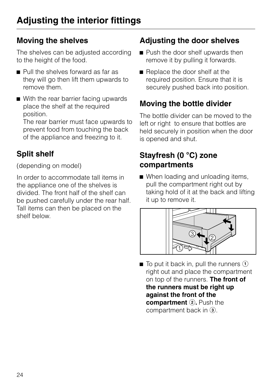 Moving the shelves 24, Split shelf 24, Adjusting the door shelves 24 | Moving the bottle divider 24, Stayfresh (0 °c) zone compartments 24, Adjusting the interior fittings, Moving the shelves, Split shelf, Adjusting the door shelves, Moving the bottle divider | Miele KF 7540 SN User Manual | Page 24 / 48