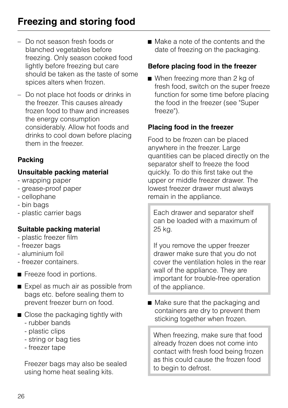 Packing 26, Before placing food in the freezer 26, Placing food in the freezer 26 | Freezing and storing food | Miele KF 7540 SN User Manual | Page 26 / 48