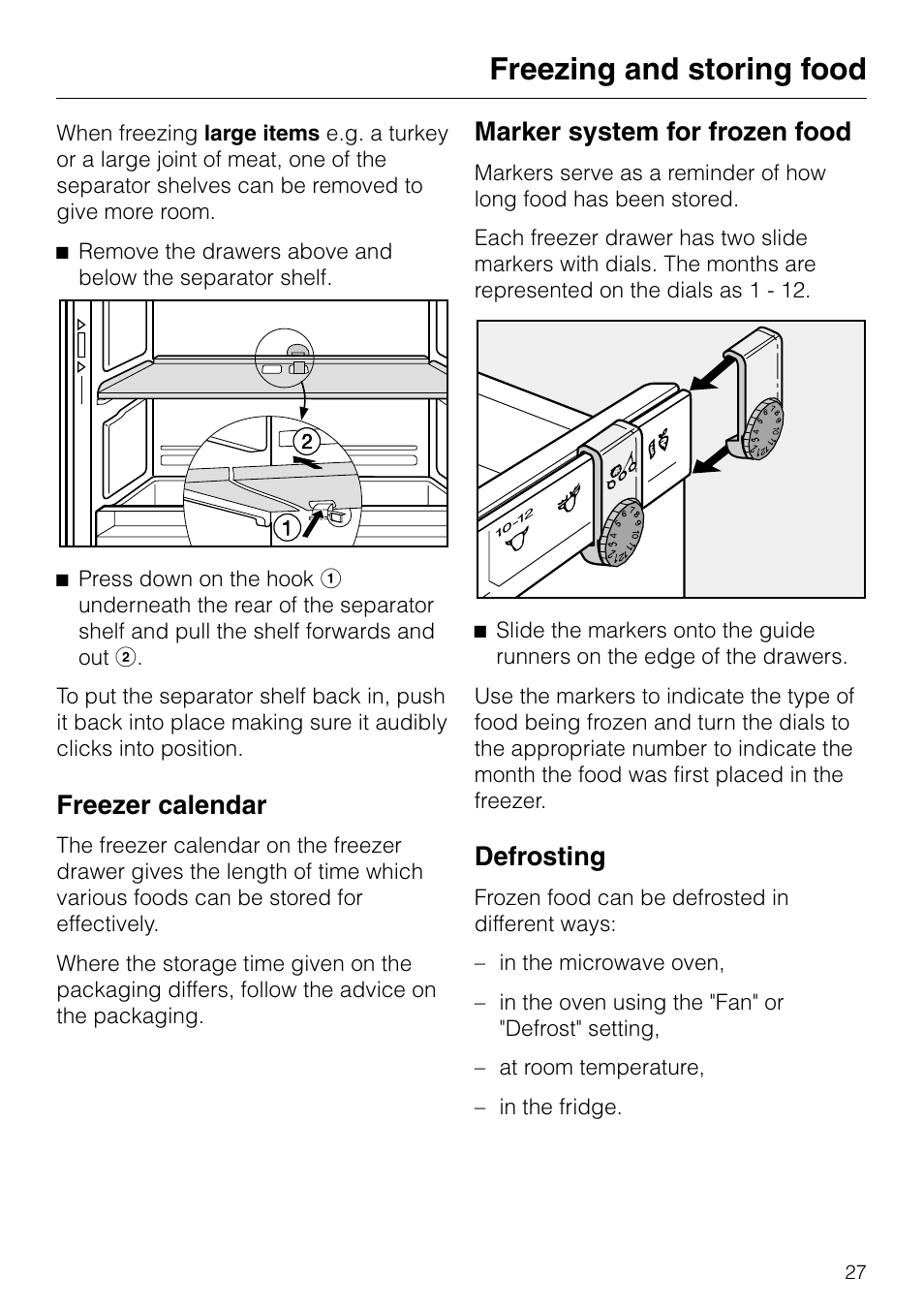 Freezer calendar 27, Marker system for frozen food 27, Defrosting 27 | Freezing and storing food, Freezer calendar, Marker system for frozen food, Defrosting | Miele KF 7540 SN User Manual | Page 27 / 48