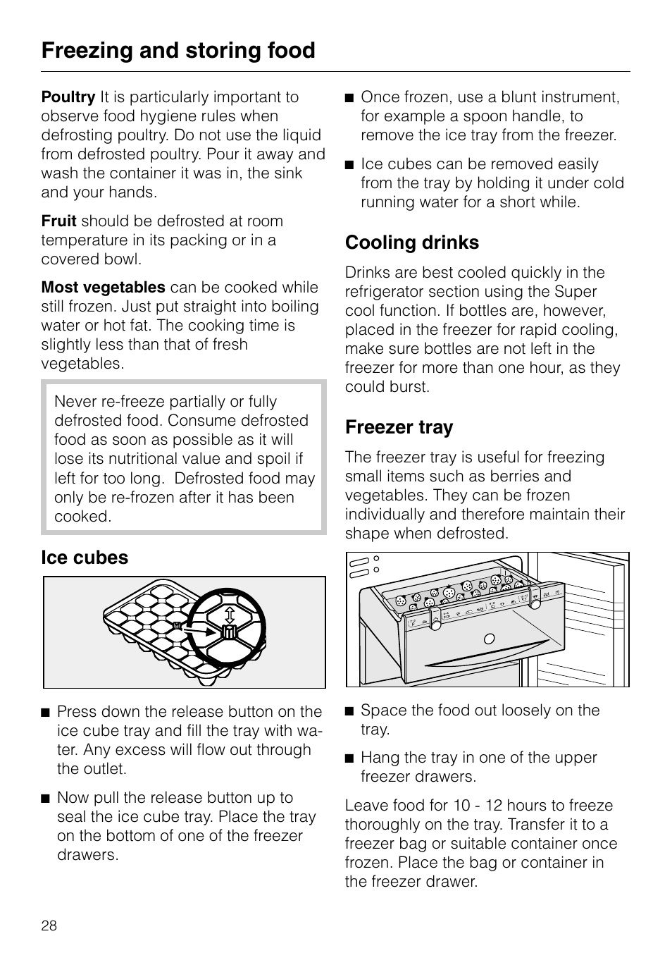 Ice cubes 28, Cooling drinks 28, Freezer tray 28 | Ice cubes cooling drinks freezer tray, Freezing and storing food, Ice cubes, Cooling drinks, Freezer tray | Miele KF 7540 SN User Manual | Page 28 / 48