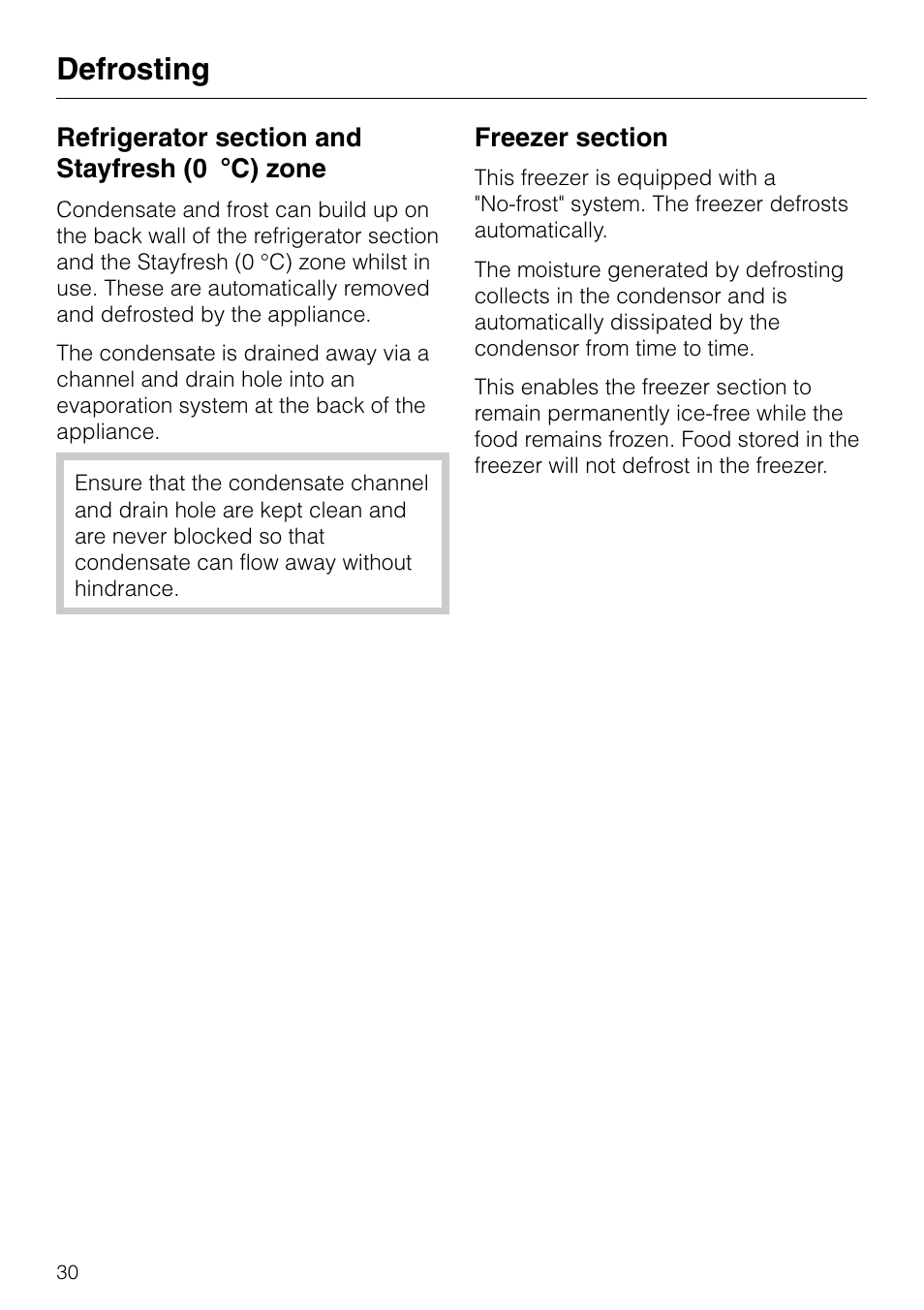 Defrosting 30, Refrigerator section and stayfresh (0€°c) zone 30, Freezer section 30 | Defrosting | Miele KF 7540 SN User Manual | Page 30 / 48