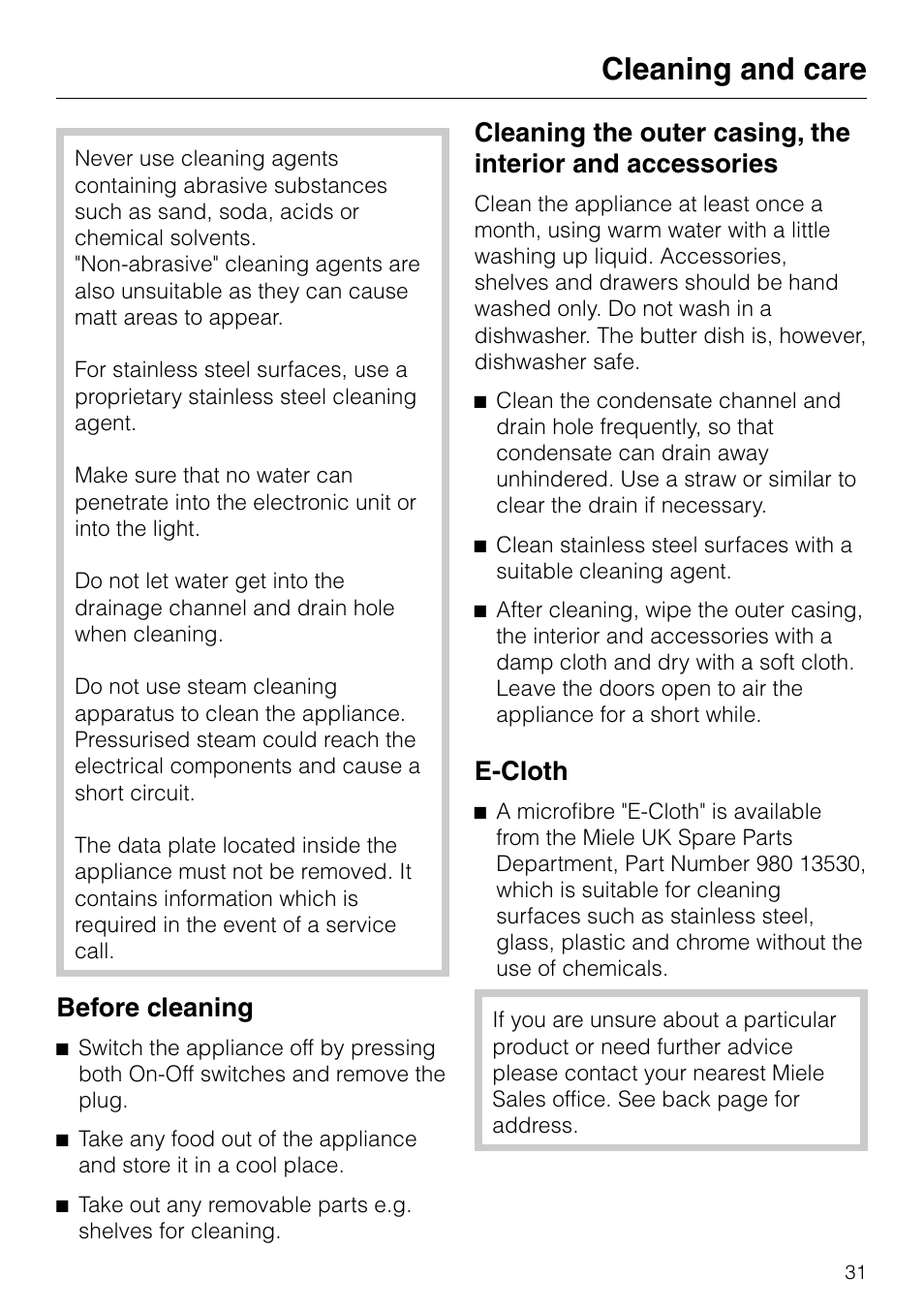 Cleaning and care 31, Cleaning and care, Before cleaning | E-cloth | Miele KF 7540 SN User Manual | Page 31 / 48