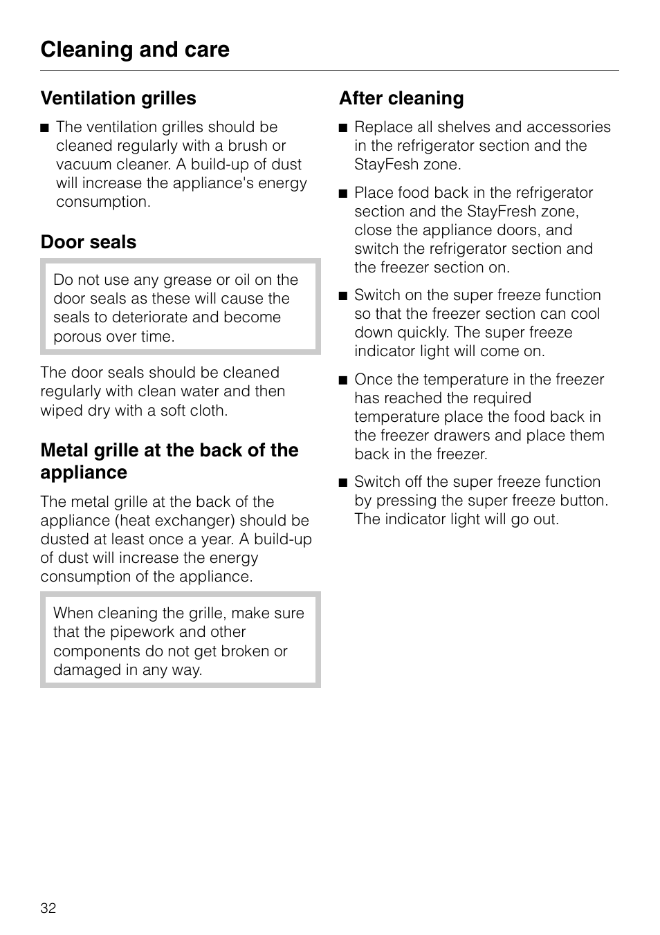 Ventilation grilles 32, Door seals 32, Metal grille at the back of the appliance 32 | Cleaning and care, Ventilation grilles, Door seals, Metal grille at the back of the appliance, After cleaning | Miele KF 7540 SN User Manual | Page 32 / 48