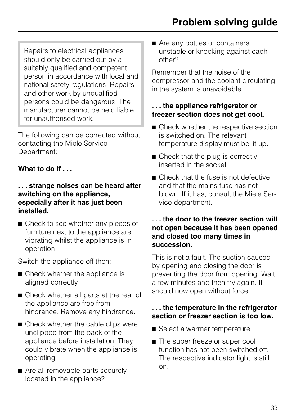 Problem solving guide 33, Problem solving guide | Miele KF 7540 SN User Manual | Page 33 / 48