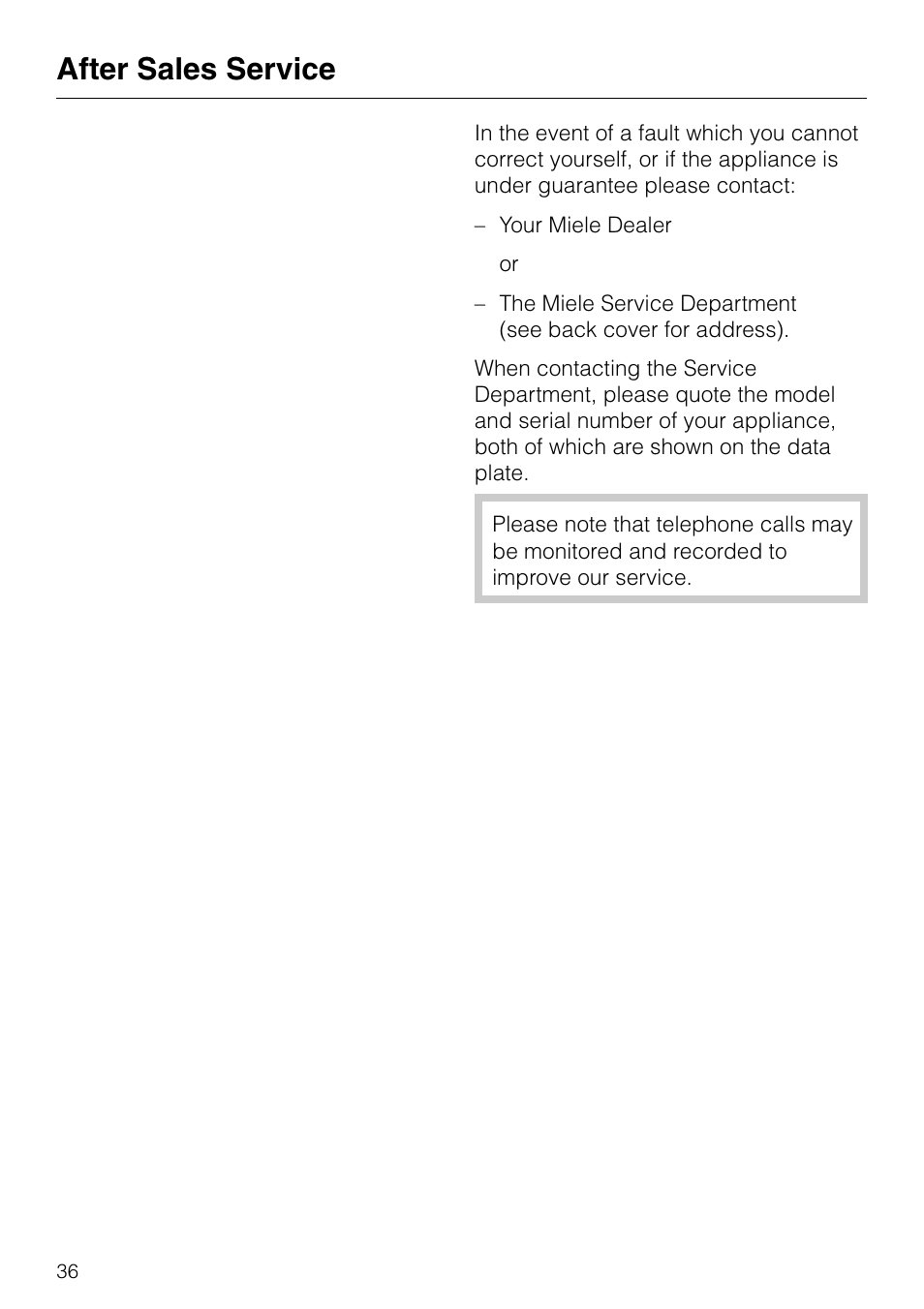 After sales service 36, After sales service | Miele KF 7540 SN User Manual | Page 36 / 48