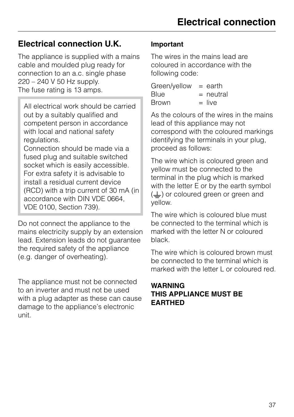 Electrical connection 37, Electrical connection u.k. 37, Electrical connection electrical connection u.k | Electrical connection, Electrical connection u.k | Miele KF 7540 SN User Manual | Page 37 / 48