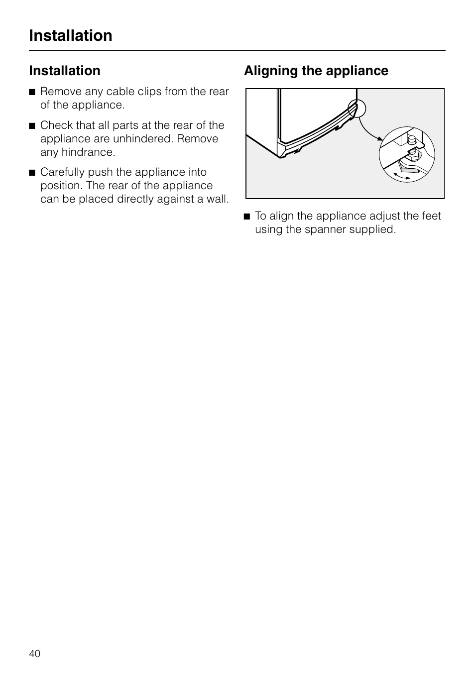 Installation 40, Aligning the appliance 40, Installation aligning the appliance | Installation, Aligning the appliance | Miele KF 7540 SN User Manual | Page 40 / 48