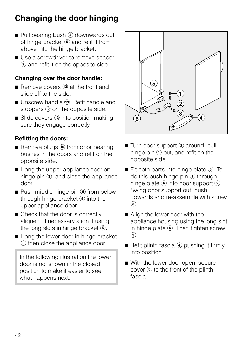 Changing the door hinging | Miele KF 7540 SN User Manual | Page 42 / 48