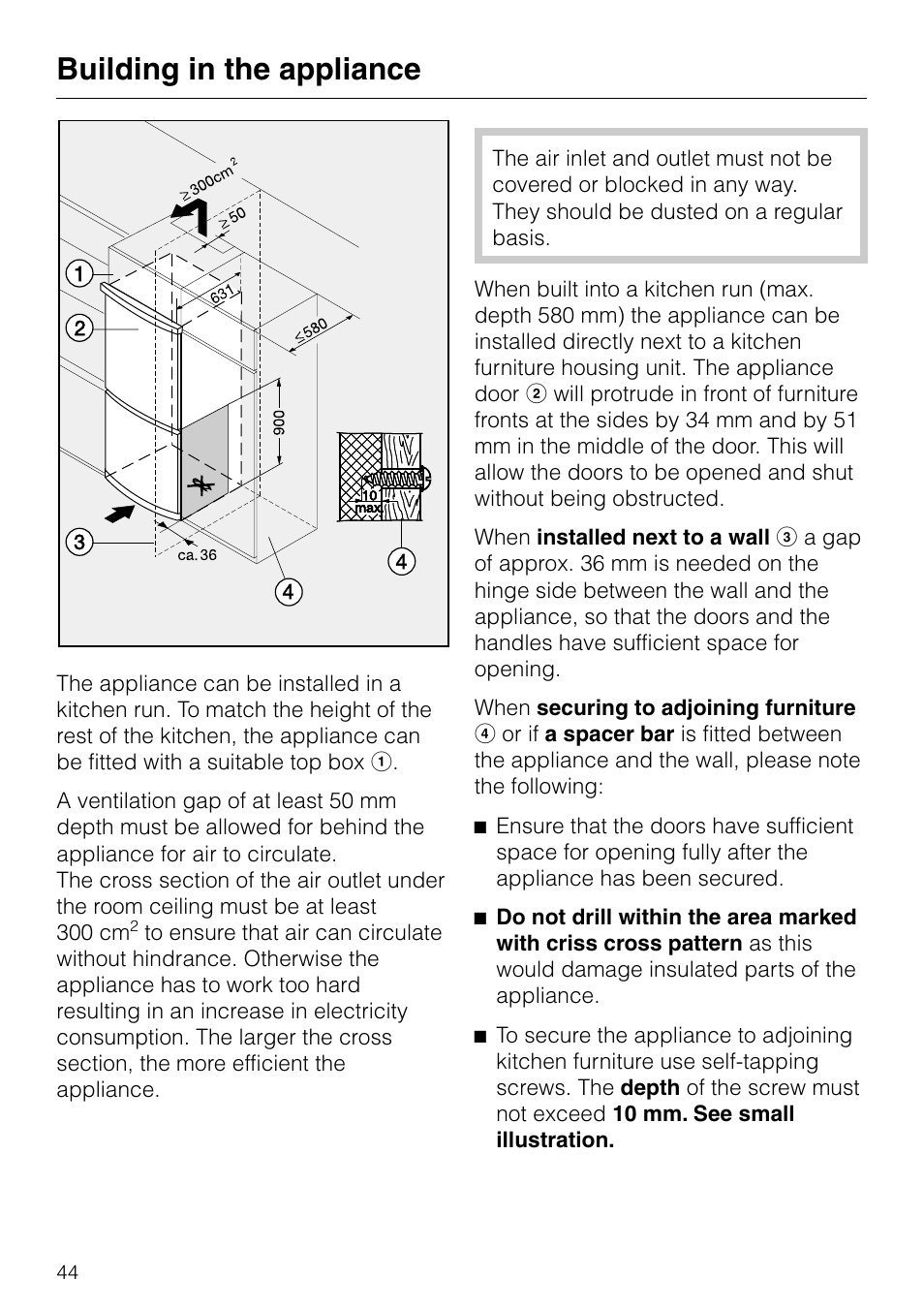 Building in the appliance 44, Building in the appliance | Miele KF 7540 SN User Manual | Page 44 / 48