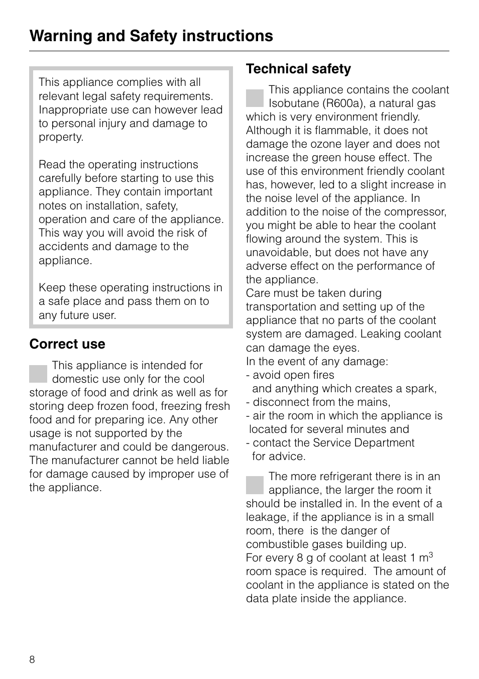 Warning and safety instructions 8, Warning and safety instructions, Correct use | Technical safety | Miele KF 7540 SN User Manual | Page 8 / 48