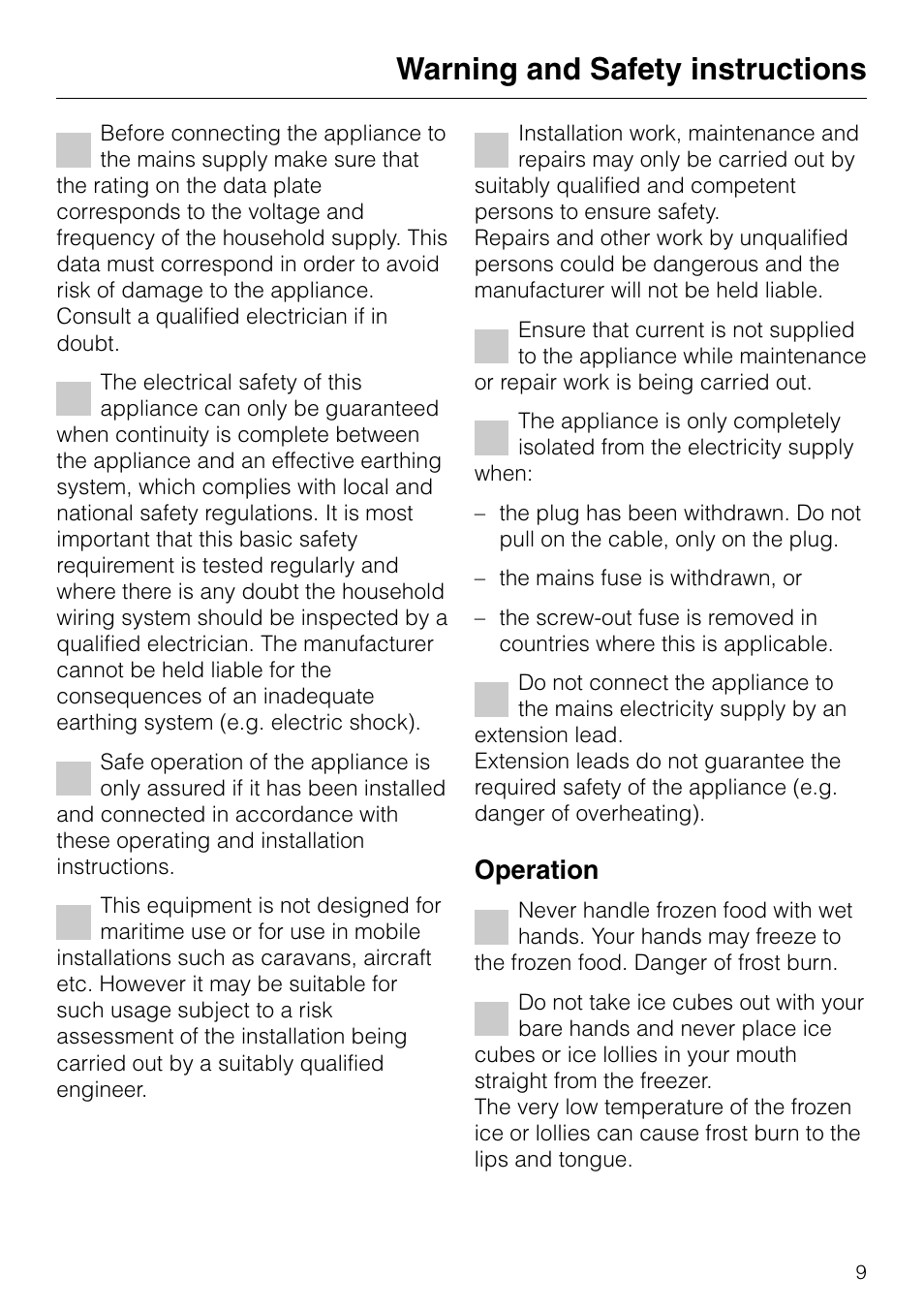 Warning and safety instructions, Operation | Miele KF 7540 SN User Manual | Page 9 / 48