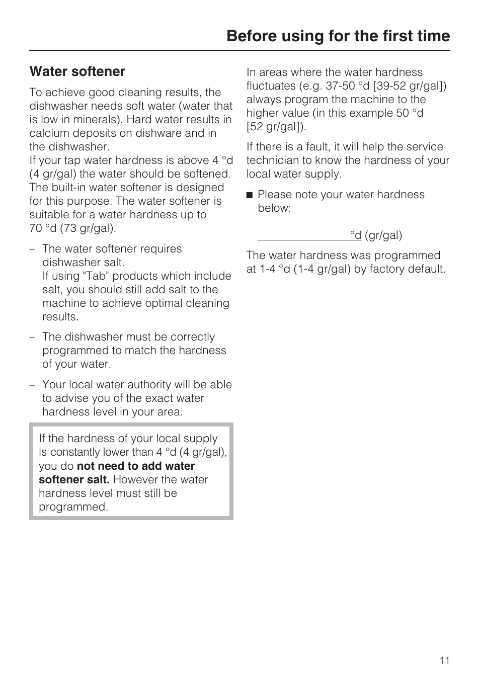 Water softener 11, Before using for the first time, Water softener | Miele G 4500 User Manual | Page 11 / 56