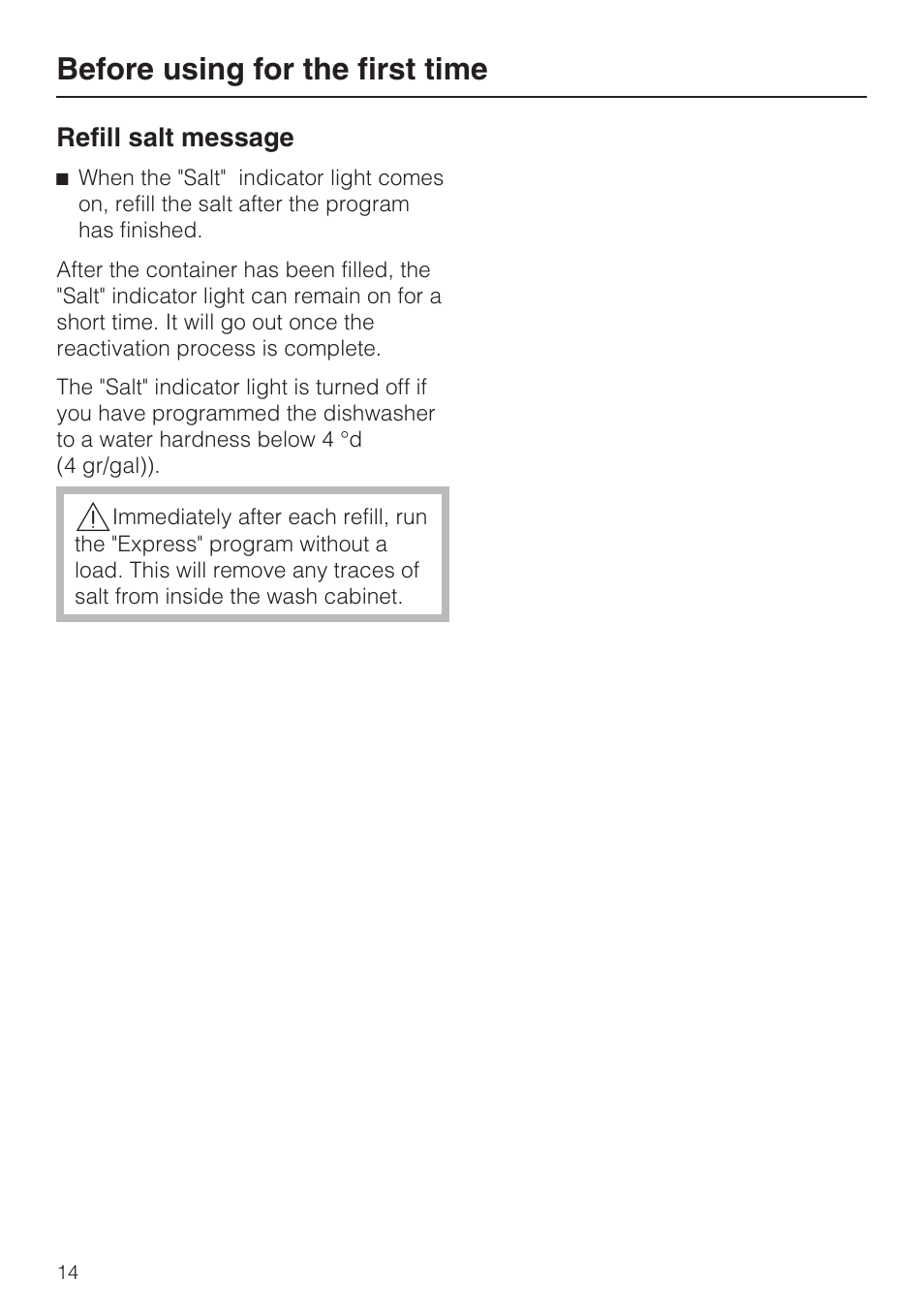Refill salt message 14, Before using for the first time | Miele G 4500 User Manual | Page 14 / 56