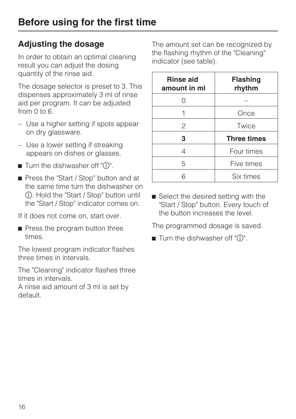 Adjusting the dosage 16, Before using for the first time, Adjusting the dosage | Miele G 4500 User Manual | Page 16 / 56