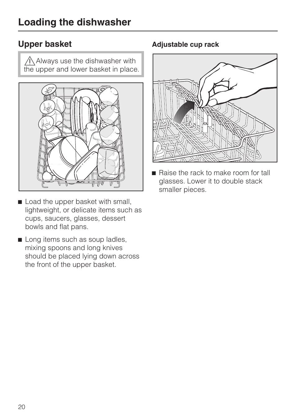 Upper basket 20, Loading the dishwasher | Miele G 4500 User Manual | Page 20 / 56