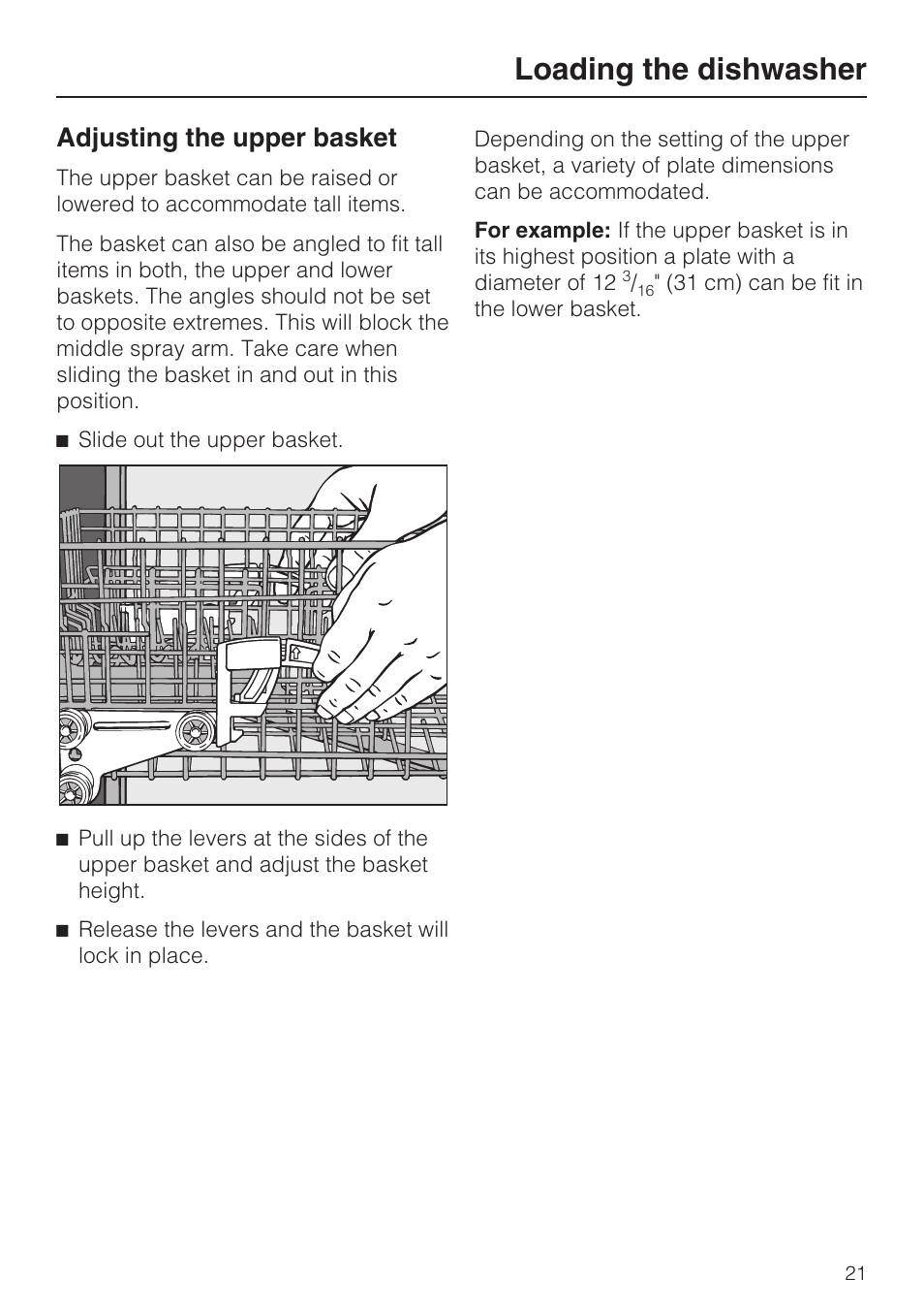 Adjusting the upper basket 21, Loading the dishwasher, Adjusting the upper basket | Miele G 4500 User Manual | Page 21 / 56