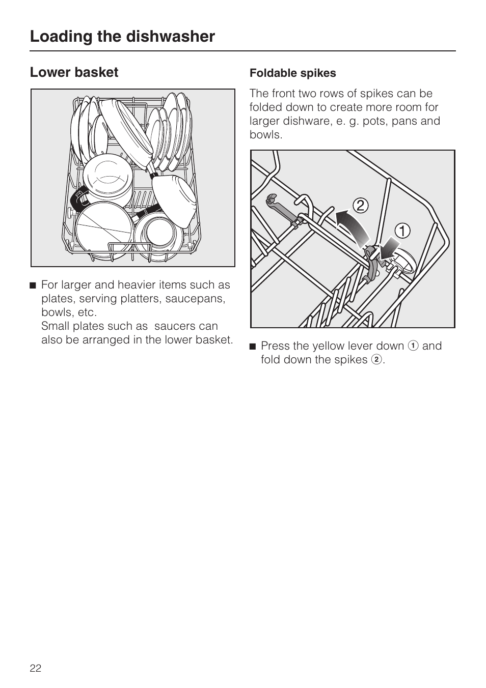 Lower basket 22, Loading the dishwasher, Lower basket | Miele G 4500 User Manual | Page 22 / 56