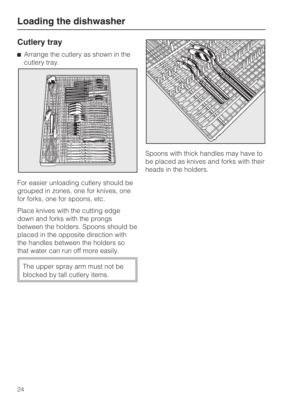 Cutlery tray 24, Loading the dishwasher, Cutlery tray | Miele G 4500 User Manual | Page 24 / 56