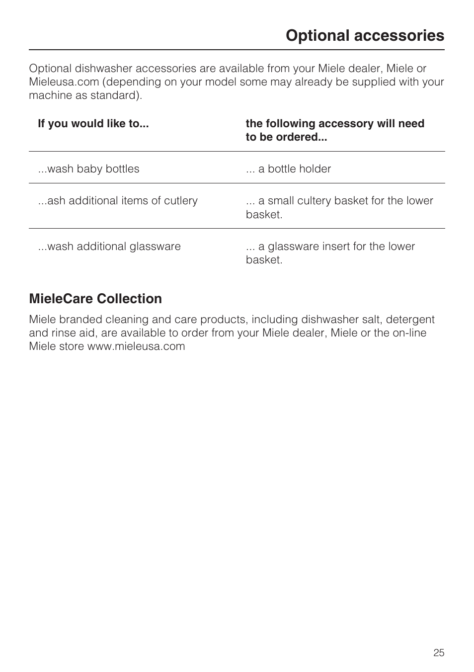 Optional accessories 25, Optional accessories, Mielecare collection | Miele G 4500 User Manual | Page 25 / 56