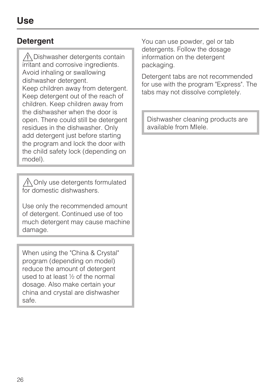 Use 26, Detergent 26 | Miele G 4500 User Manual | Page 26 / 56