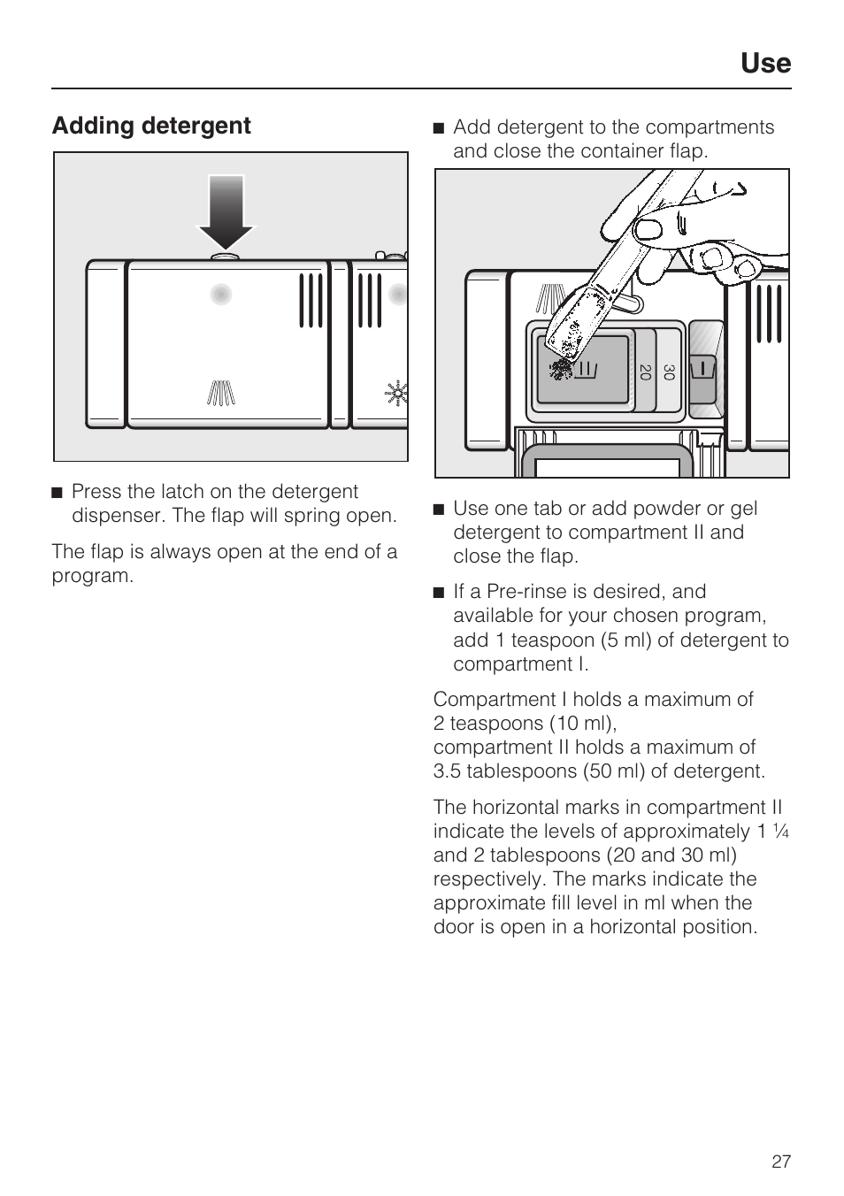 Adding detergent 27, Adding detergent | Miele G 4500 User Manual | Page 27 / 56