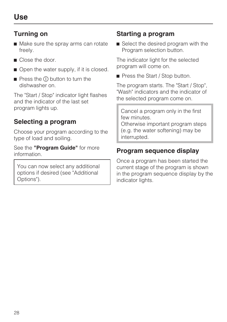 Turning on 28, Selecting a program 28, Starting a program 28 | Program sequence display 28, Turning on, Selecting a program, Starting a program, Program sequence display | Miele G 4500 User Manual | Page 28 / 56