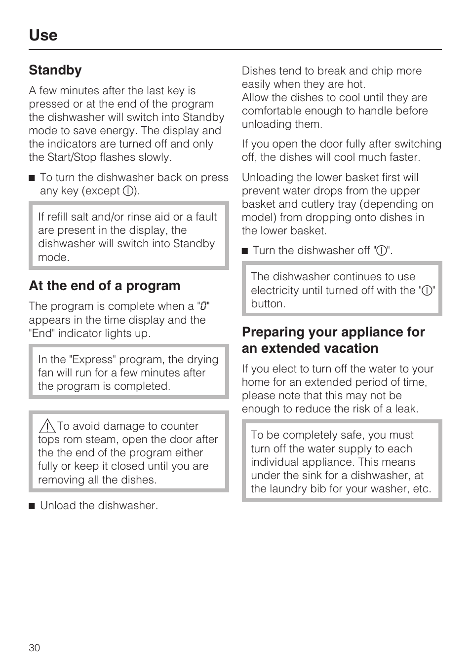 Standby 30, At the end of a program 30, Standby | At the end of a program, Preparing your appliance for an extended vacation | Miele G 4500 User Manual | Page 30 / 56