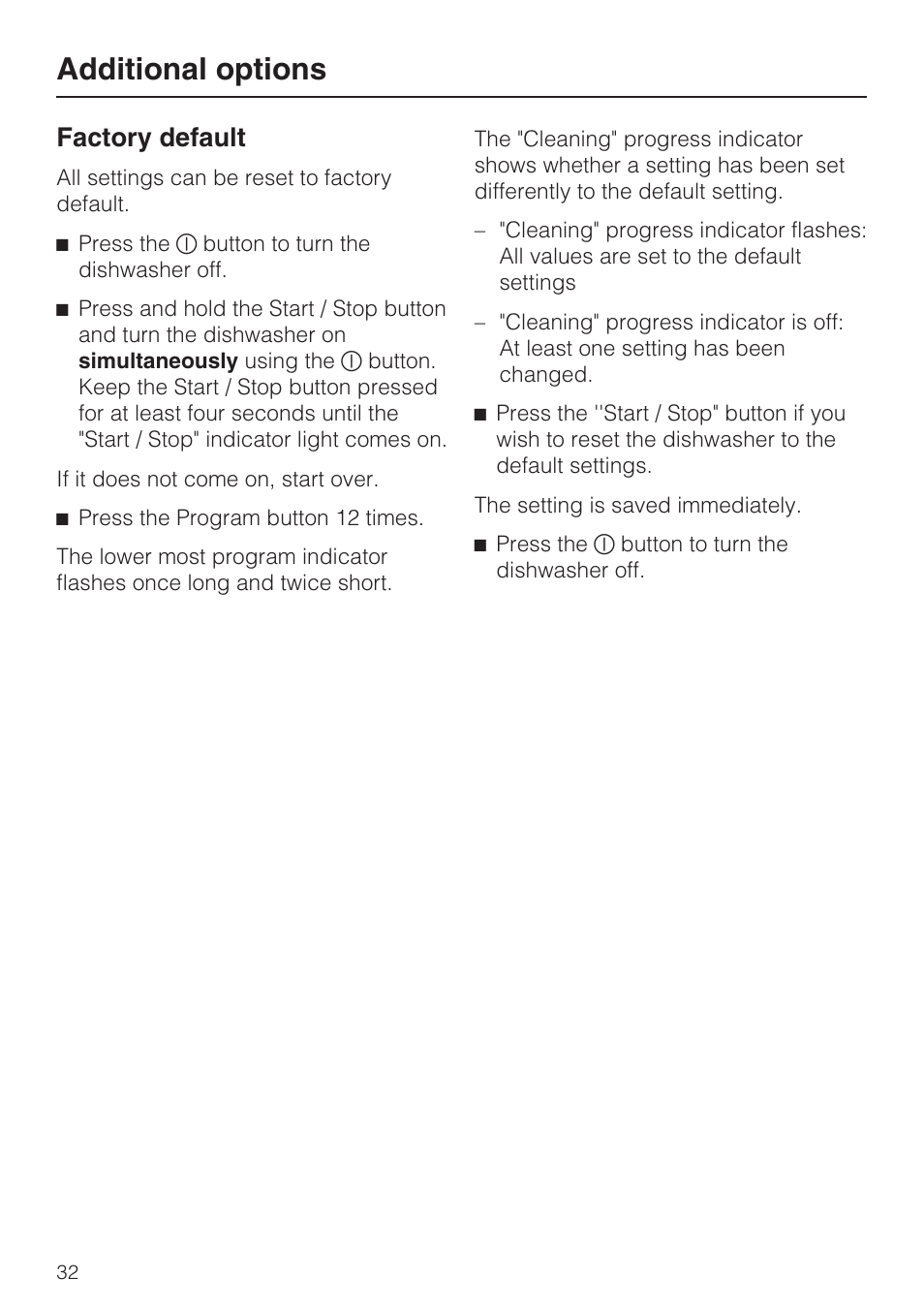 Additional options 32, Factory default 32, Additional options | Factory default | Miele G 4500 User Manual | Page 32 / 56