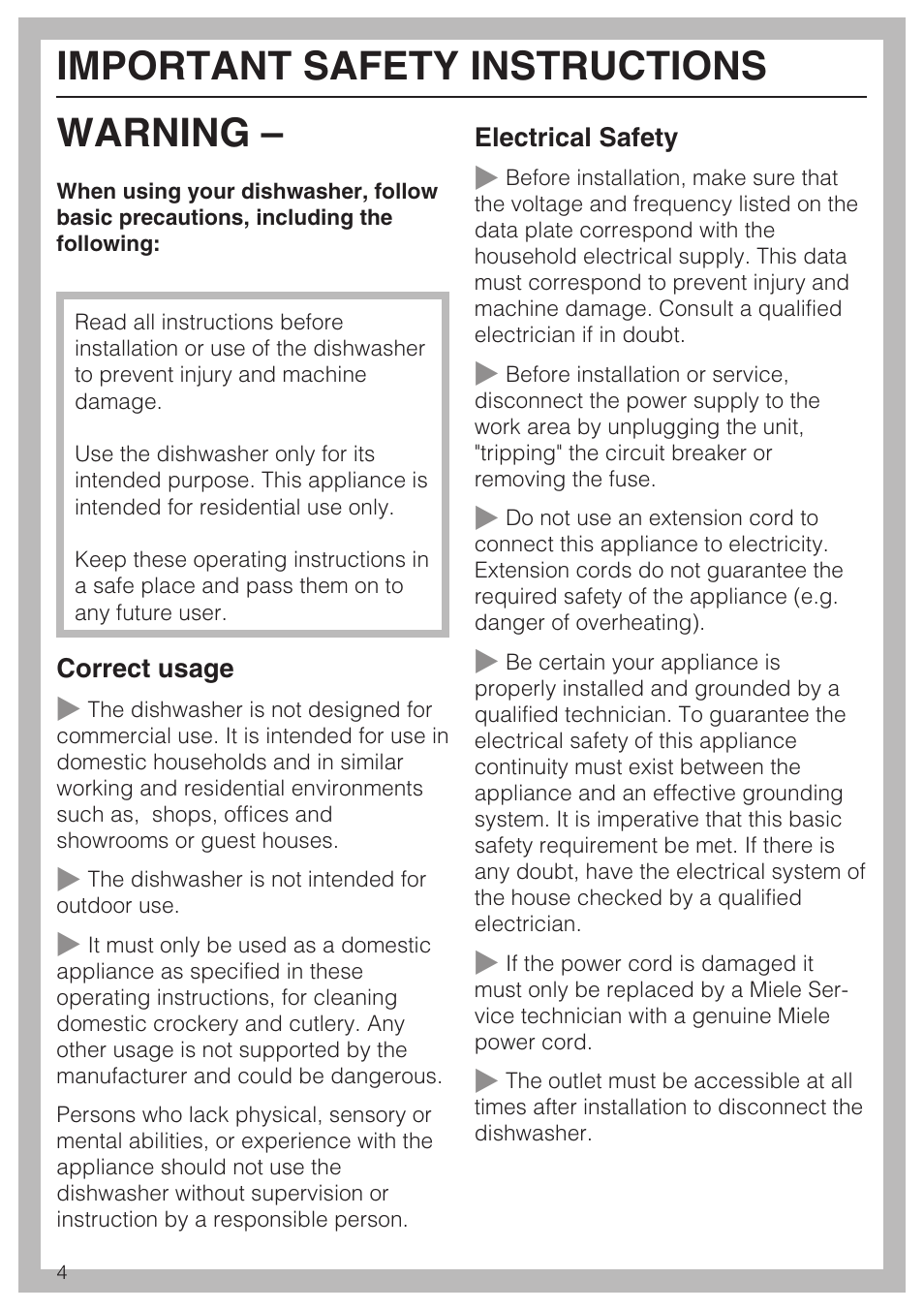 Important safety instructions 4, Warning, Important safety instructions | Miele G 4500 User Manual | Page 4 / 56