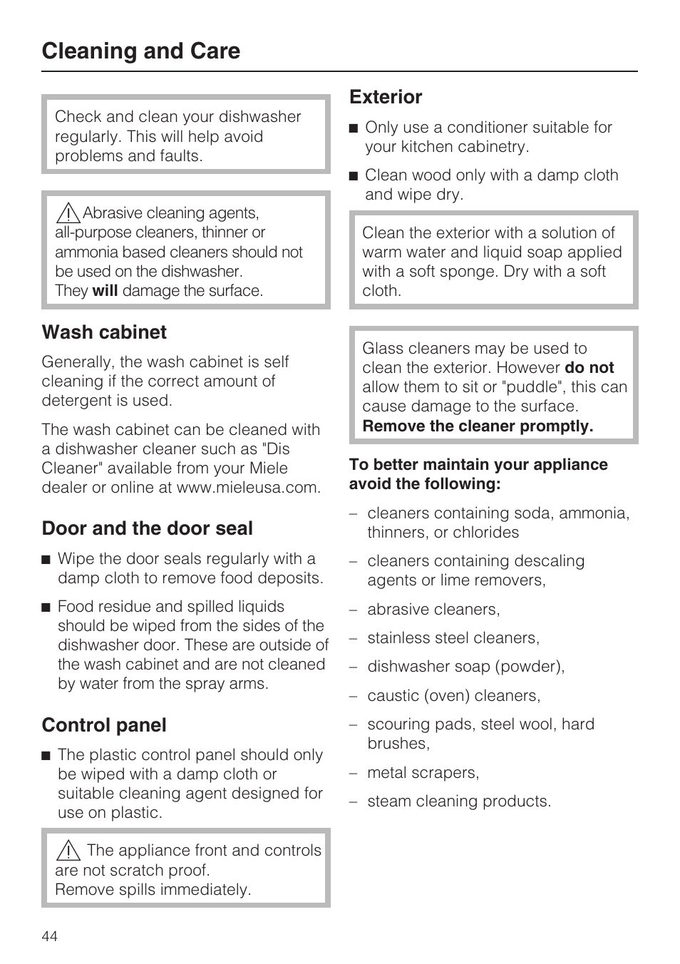 Cleaning and care 44, Cleaning and care, Wash cabinet | Door and the door seal, Control panel, Exterior | Miele G 4500 User Manual | Page 44 / 56