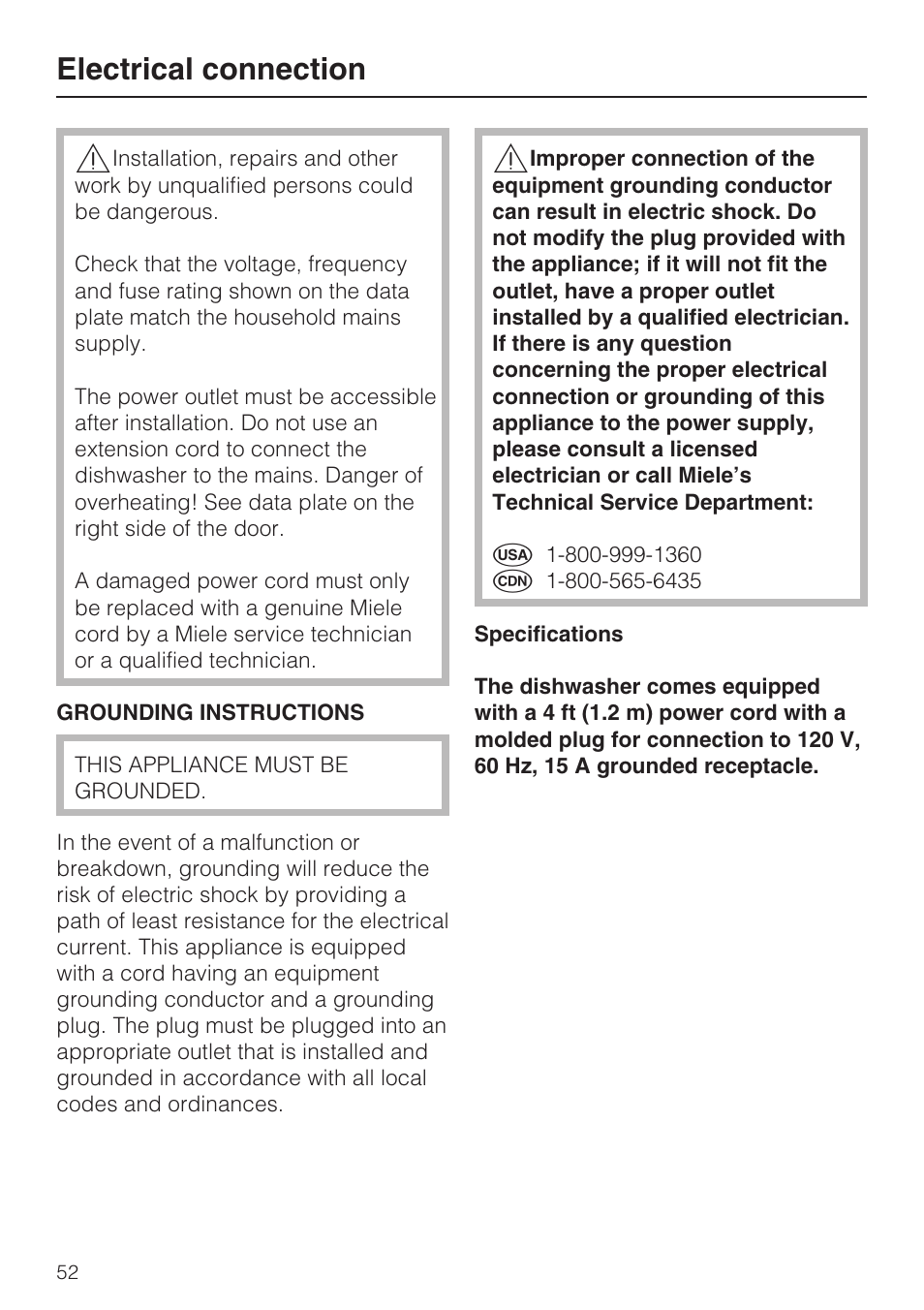 Electrical connection 52, Electrical connection | Miele G 4500 User Manual | Page 52 / 56