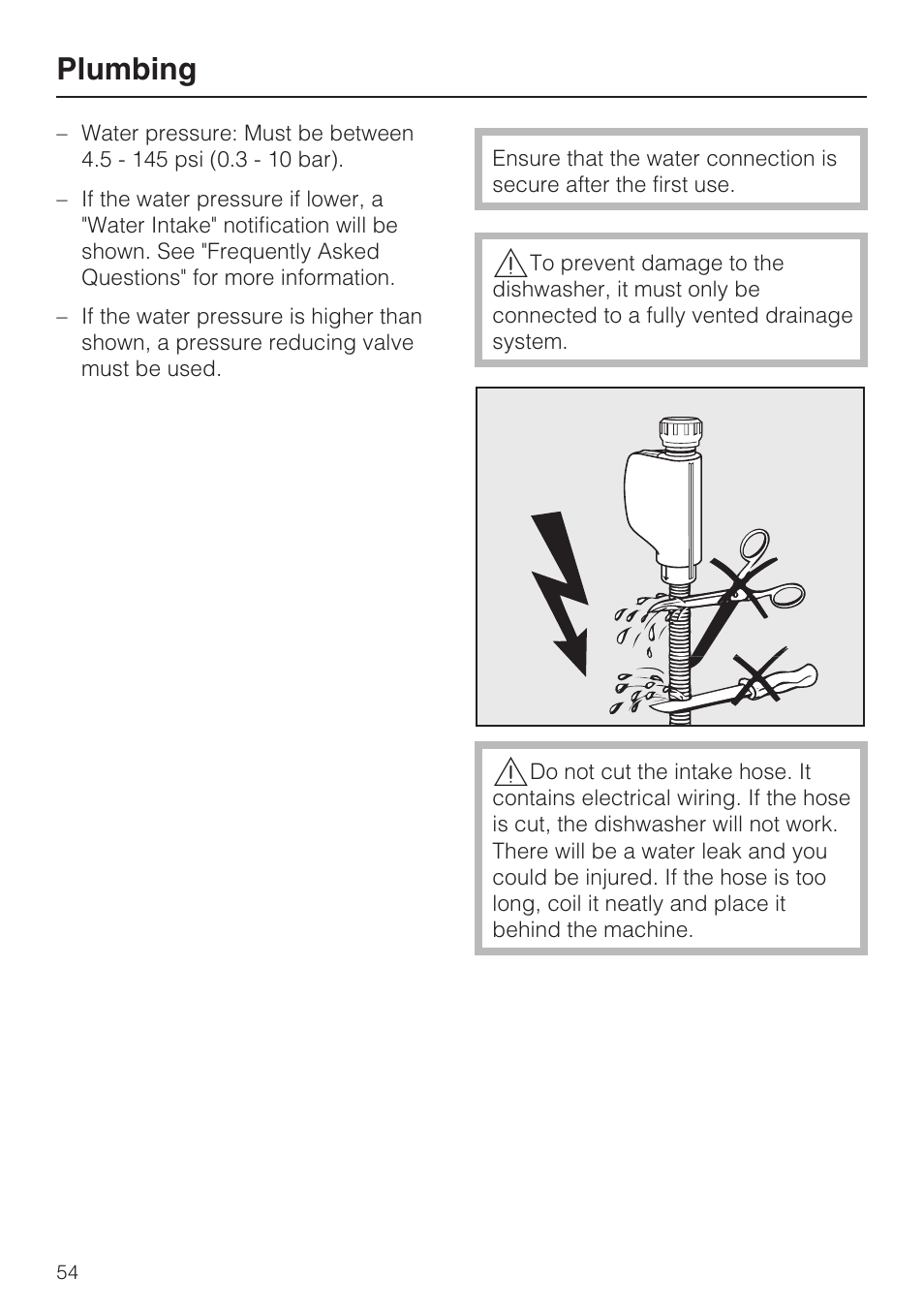 Plumbing | Miele G 4500 User Manual | Page 54 / 56