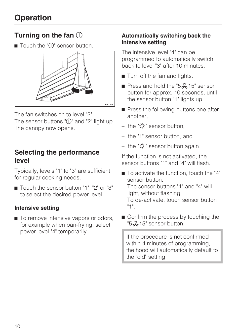 Operation 10, Turning on the fan s 10, Selecting the performance level 10 | Operation, Turning on the fan s, Selecting the performance level | Miele DA5000D User Manual | Page 10 / 32